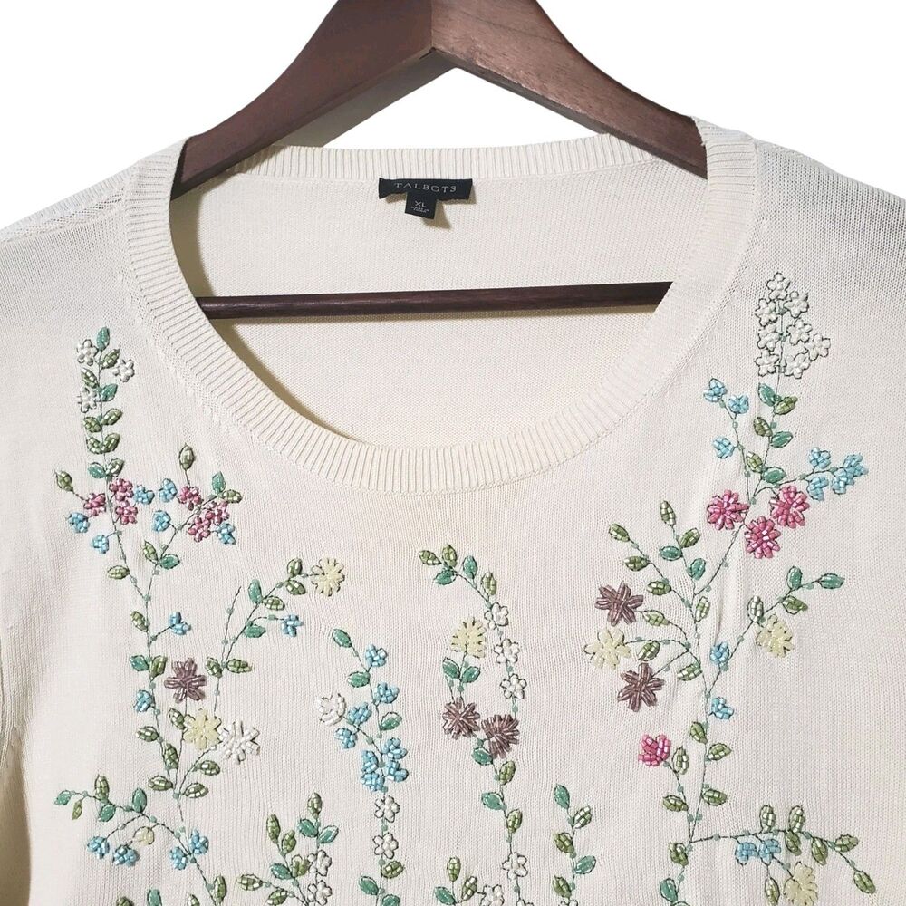 Talbots Sweater XL Floral Embellished Beaded Cream Cottagecore Knit Womens - Picture 2 of 11